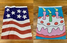 2 Flags Red White Blue &amp; Birthday Cake 3 Candle Small Garden Flags Banners FADED - £3.62 GBP