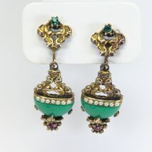 Victorian Revival Screw-back Earrings Gold-tone Green Flux Pearl &amp; Rhine... - $24.49