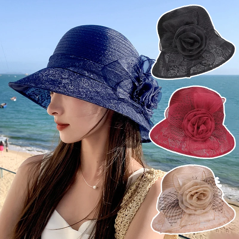 1Pc New Fashion Elegant Floral Organza Bucket Hats for Women Wide Brim Summer - £10.96 GBP