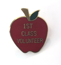 1st Class Volunteer Bright Red Apple Pin Gold Tone &amp; Enamel 1&quot; - $12.00