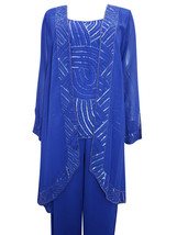 Ladies BLUE Bead &amp;Sequin Sleeveless Top,Duster Jacket &amp;Trouser Suit Size 6 to 28 - £67.79 GBP