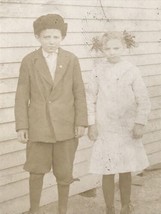 AZO 1904-1918 RPPC Brother w/ Fur Hat &amp; Sister w/ Curls Real Photo Postcard - £14.06 GBP