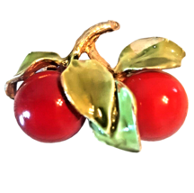 Enamel Cherry Brooch Pin Vintage Red Gold Tone - $22.43