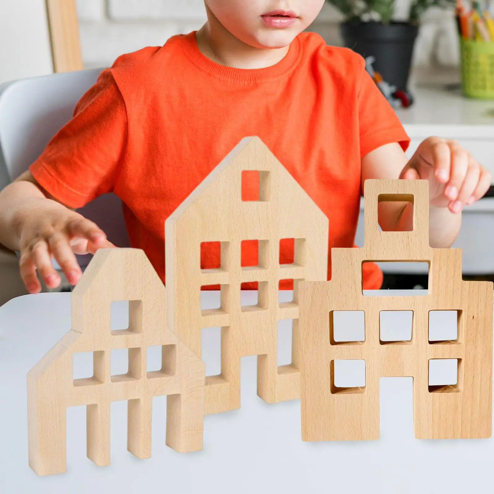 3 Pieces Wood House Blocks Creative Gift Early Educational Decoration Orname - £130.59 GBP
