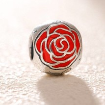 925 Sterling Silver Disney Disney Belle Enchanted Rose Charm With Enamel Charm - £14.09 GBP