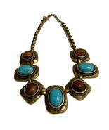 Chunky Statement Necklace Bronze Color Faux Turquoise Brown Stones South... - $332.16 MXN