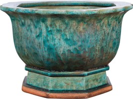 Planter Vase Hexagonal Speckled Green Ceramic Hand-Crafted - $469.00