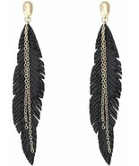 Faux Leather Feather Drop Earrings Black Gold Long Jewelry 3.5&quot; Statemen... - £18.37 GBP