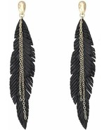 Faux Leather Feather Drop Earrings Black Gold Long Jewelry 3.5&quot; Statemen... - $31.54 CAD
