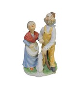 Bisque Ceramic Vintage 7.25” Older Man And Woman Dog Wooden Cane Figurine - £14.81 GBP