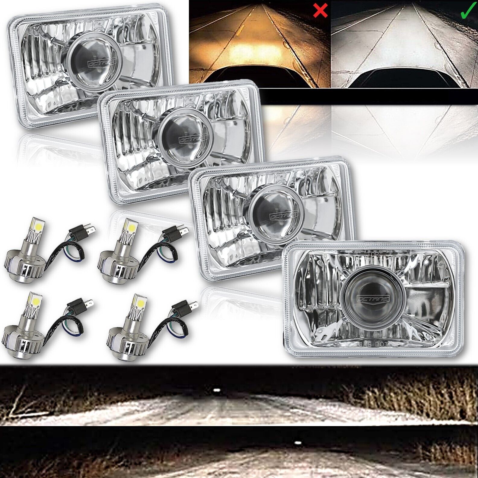 4X6" Crystal Clear Glass Projector Headlight 6k LED HID Light Bulb ...