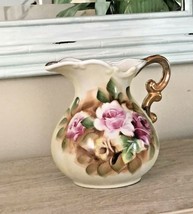 Vintage Post War Japan Pitcher Vase Hand Painted Pink Roses 6&quot; Tall 6.5&quot; Wide - £20.45 GBP