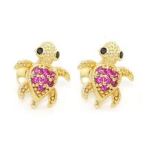 14k Yellow Gold Plated Silver Pink Cz Turtle Children Screw Back Baby Earrings - £18.39 GBP