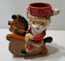 Santa on Rocking Horse Votive Holder Yankee Candle Pottery 6 3/4&quot; Red Brown  - £14.50 GBP