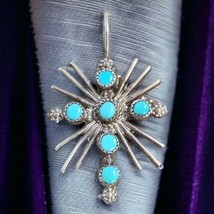 Vintage Native American Zuni Sleeping Beauty Turquoise Cross Pendant Handmade - £102.39 GBP