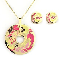 Gold Tone Jewelry Set, Necklace With Colorful Designed Pendant & Earrings - $27.99