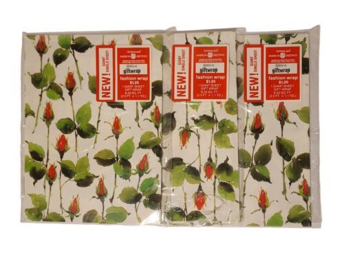 Lot of 3 American Greetings Vintage Floral Wrapping Paper Roses Gift Wrap NOS - $22.99
