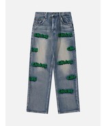 Letter Flocking Distressed Straight Jeans - $42.74 CAD