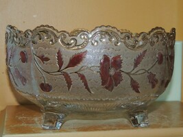 Antique 9.5&quot; EAPG US Glass Flora Dora Bohemian Stain Gold Gilt Bowl Ruby... - $71.99