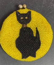 Vintage Black Cat Glass Beaded Coin Purse Korea Yellow Halloween - £27.37 GBP