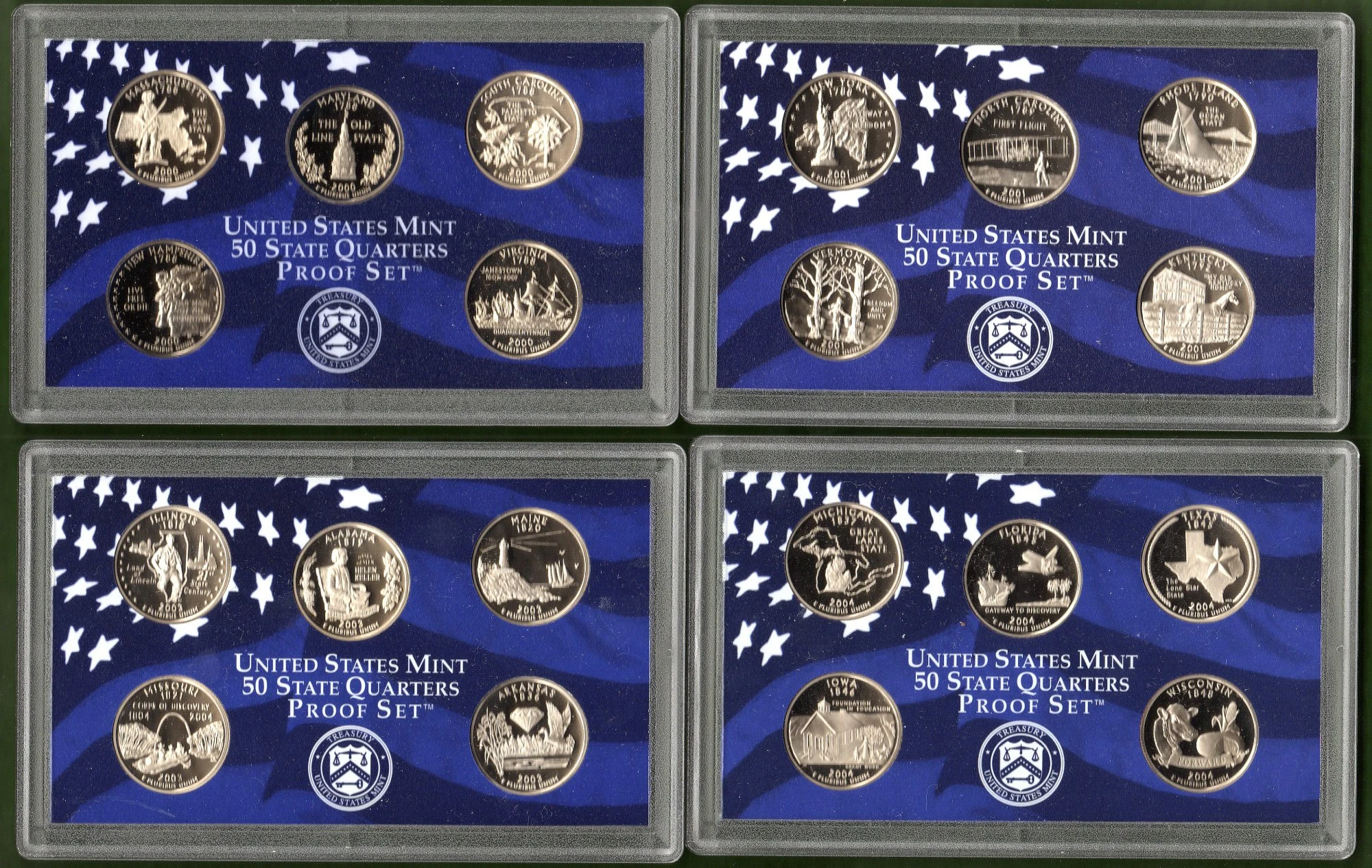 4 United States Mint 50 State Quarters Proof Sets 2000 2001 2003 2004 - $466.39 MXN