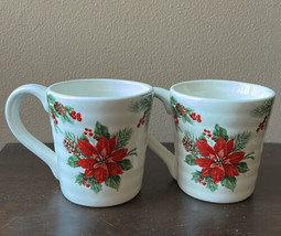 Maxcera set of 2 Christmas Mugs New Poinsettia Holly Berries Ceramic - £29.53 GBP