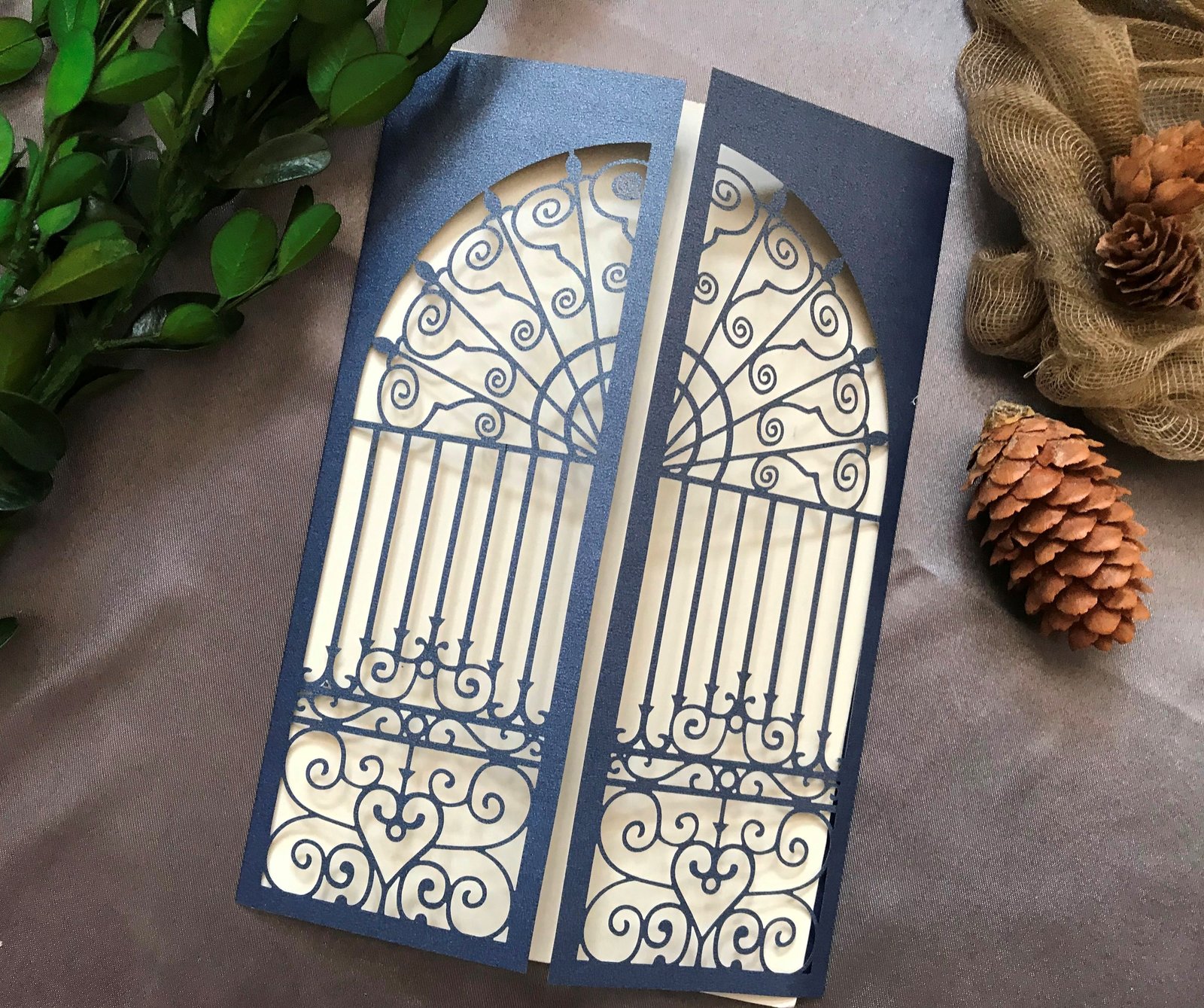 50pcs Pearl Navy Blue Wedding Invitation Cards,Gate Laser Cut Invitation... - $54.40