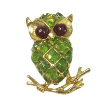 VTG Gold Green Peridot Swoboda Owl Brooch Gold Red Garnet Eyes Signed Bi... - $55.44