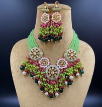 Bollywood Indian Bridal Gold Plated Pearl Enameled Kundan Jewelry Necklace Set - £36.41 GBP