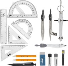 Geometry Set 15-Piece 6 Inch Swing Arm Protractor Divider Squares Ruler Compass - £13.80 GBP