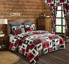 7 Pc Lodge Life King Quilt Sheet Set Black Bear Moose Cabin Red Buffalo Check - £71.44 GBP