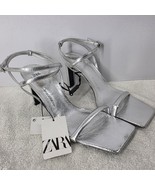 Zara Silver Square Open Toe Heel Strap Sandals Women&#39;s Size 40 EU - 9. 5 US - $756.10 MXN