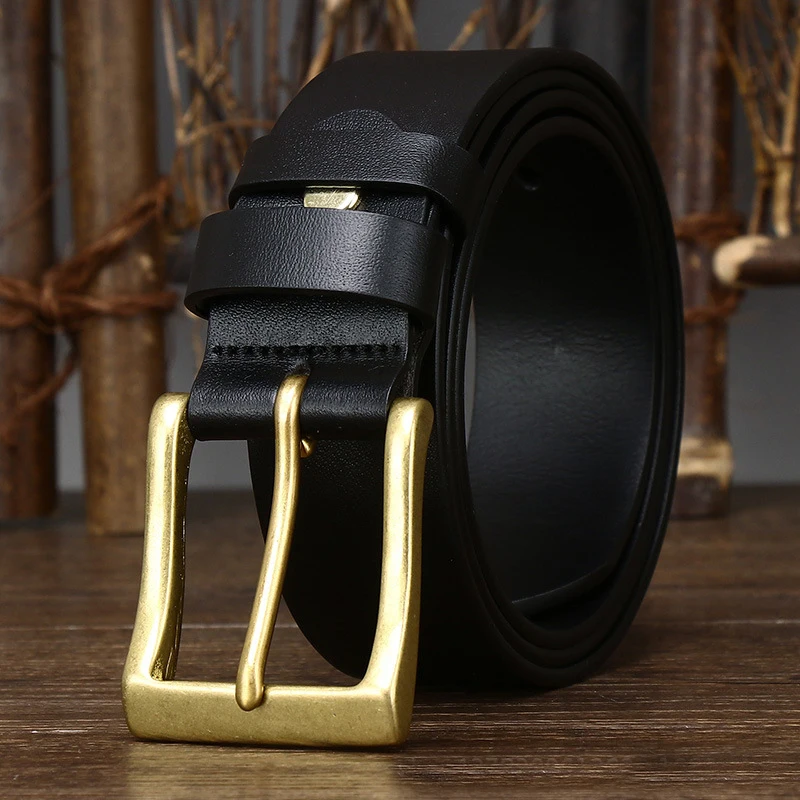 3.8CM Top Quality Cow Skin Genuine Leather Belt Mens Retro Brass Copper-105CM - £43.73 GBP