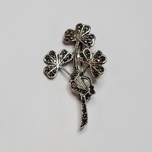 Vintage 925 Sterling Silver Marcasite Shamrock Brooch Pin Lucky Clover J... - $49.49