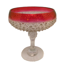 Vintage Glass Compote Diamond Point Pattern And Ruby Red Rim Candy Dish ... - $18.76