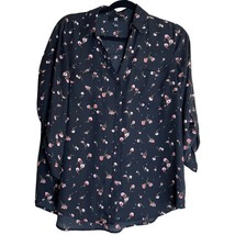 IZ Byer Button-Down Shirt Top Womens Size L Black Floral Print Roll Tab Sleeves - £13.03 GBP