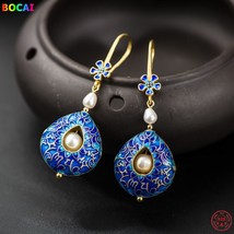 100% S925 Sterling Silver Cloisonne Earrings Retro Six Syllable Mantra Pearl Cha - £69.42 GBP