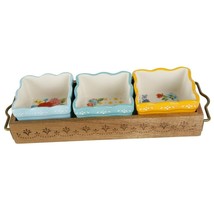 Pioneer Woman Floral Medley Condiment Stoneware Bowls Acacia Wood Tray G... - $39.97