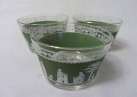 Vintage J EAN Ette Grecian Hellenic Green On Clear Glass Bowls Gold Rims Set Of 3 - £9.74 GBP