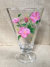 Vtg Hand Painted Pink Flowers Hand Blown Glass Fan Vase w Pedestal Grand... - $17.82