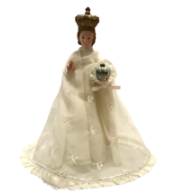 Infant of Prague Jesus Statue Chalkware Layer Gown Lace Trim Embroidered Vintage - £93.51 GBP