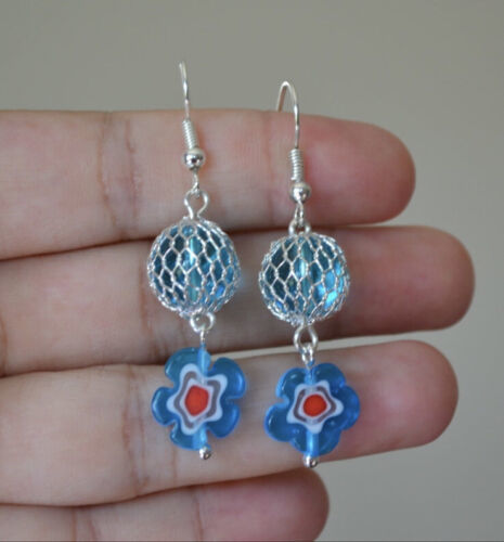Primary image for Handmade blue glass beads flower silver Earring