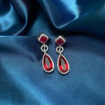 Elegant Pear Cut Created Ruby 925 Sterling Silver CZ Dangling Stud Earrings - £70.49 GBP
