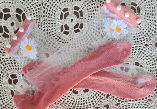Handcrafted ~ Coral ~ Embellished w/Pearls ~ Embroidered Daisy ~ Ankle Socks Item image 4