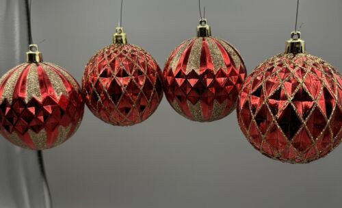 Primary image for Ornament Christmas Balls 4  Red Geometric Design Gold Silver Glitter 10" Circum.