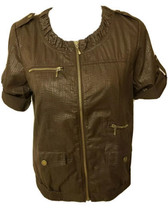 Chico&#39;s 0 Zenergy Top Faux Leather Bomber Jacket Zip Lightweight Textured Brown - £8.55 GBP