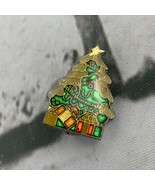 Vintage Christmas Tree Lapel Pin Gold Toned Green Presents Star - £7.73 GBP