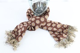 Vintage 40s 50s Rockabilly Geometric Silk Fringed Tassel Scarf Wrap Brown USA - £46.56 GBP