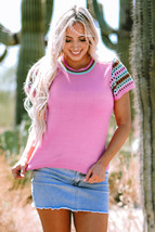 Bright Pink Contrast Printed Cap Sleeves Crewneck Sweater - $250.45 MXN