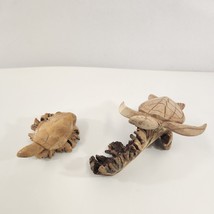 Hand Carved Driftwood Turtle Figurine Lot of 2 Blond Wood Sculpture Sea Turtle - £46.53 GBP
